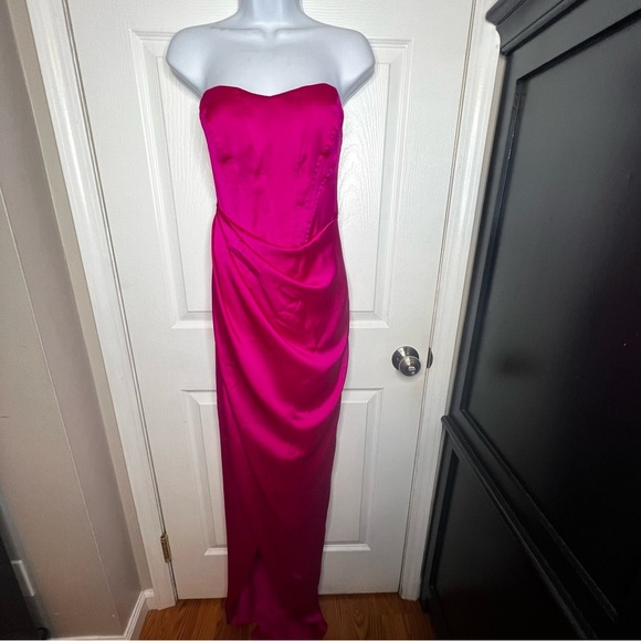 Express Women’s 2 Pink Satin Strapless Corset Gown Dress XS Formal Slit - Picture 10 of 16